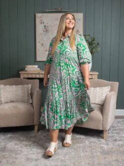 Abstract Print 3/4 Sleeve Tiered Midi Dress | S - 3X