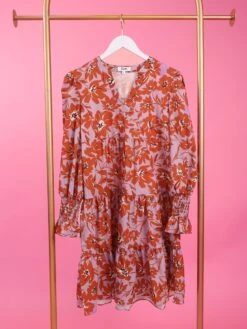 V Neck Floral Print Tiered Dress W/ Long Shirring Sleeves | S - 3XL