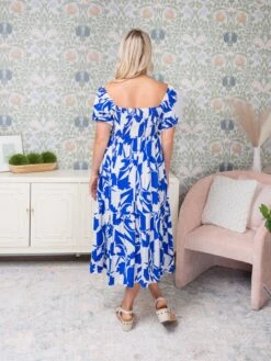 Leaf Pattern Square Neckline Baby Doll Short Sleeves Midi Dress | S-3X -STACCAT Clothing Shop 52a63fa5758870c565079fda54a94e77