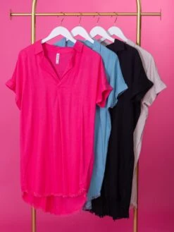 Zenana Linen Frayed Hem Split V Neck Shirt Dress | S-XL