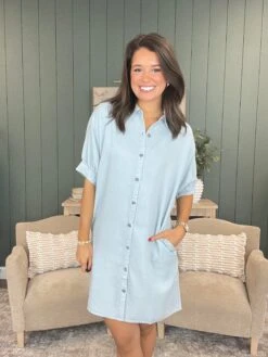 Washed Chambray Denim Shirt Dress | S - L
