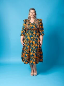 Ruffled V-Neck 3/4 Sleeve Printed Smocked Midi Dress | S - L -STACCAT Clothing Shop 8AzAp6CLhTup9dljtVmcG0v3kAwmDvlINBi6zVST