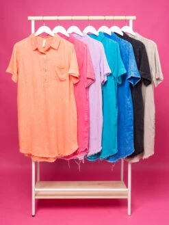 Zenana Washed Linen Raw Edge 1/4 Button Dress W/ Pockets | S-XL