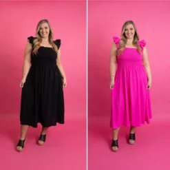 Smocked Bodice Square Neck Midi Dress W/ Ruffle Sleeves | S-3X