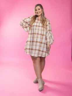 Plaid Print Long Sleeve Collared V Neck Babydoll Dress W/ Pockets | S - XL