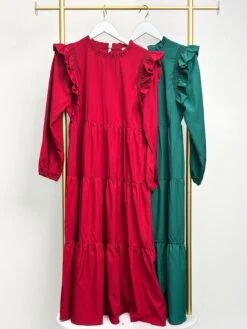 Round Neck Tiered Long Sleeve Maxi Dress W/ Ruffles | S-L