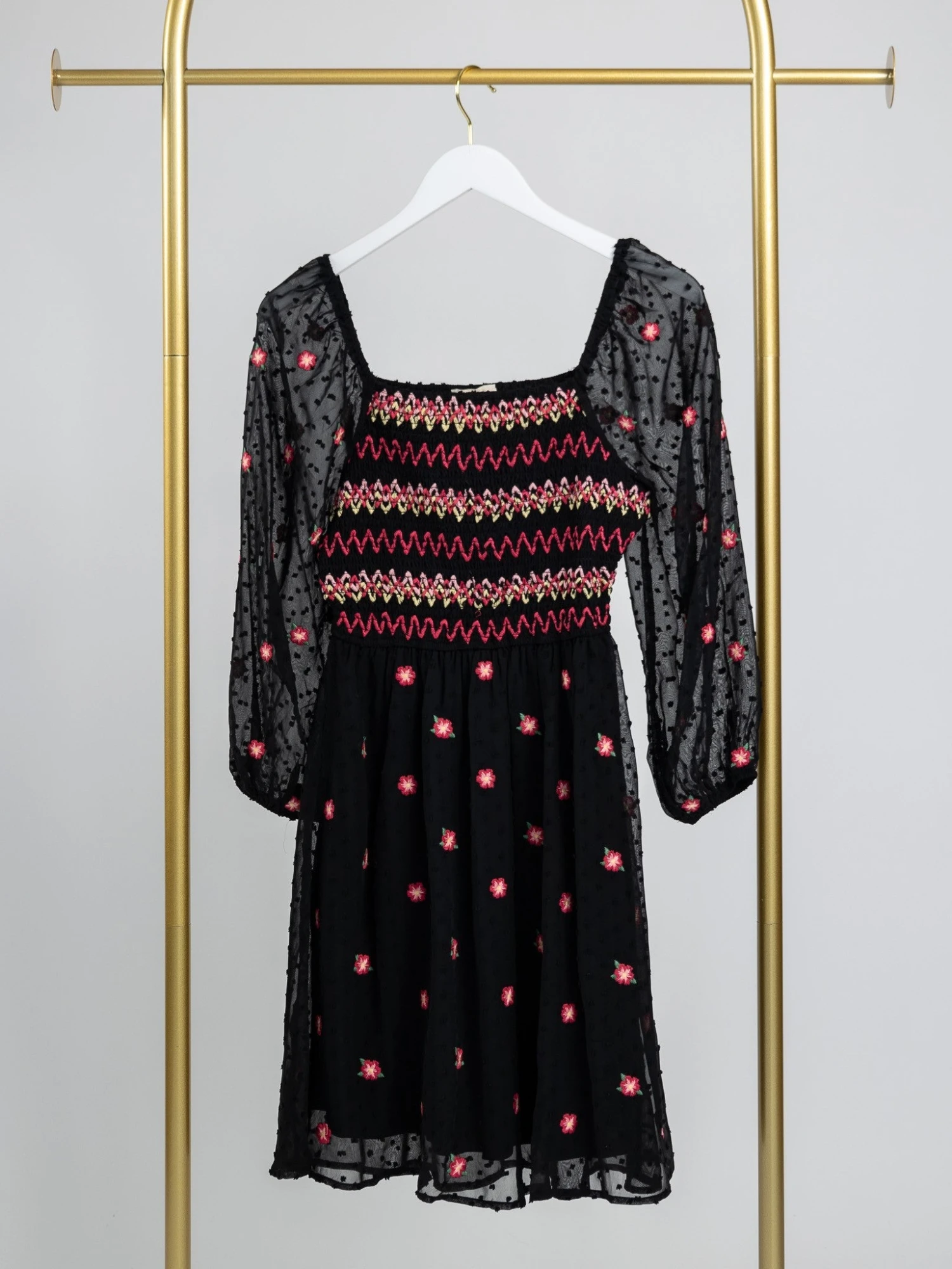 Smocked Bodice Long Sleeve Swiss Dot Textured Square Neck Embroidered Dress | S - 3XL 3 Smocked Bodice Long Sleeve Swiss Dot Textured Square Neck Embroidered Dress | S - 3XL