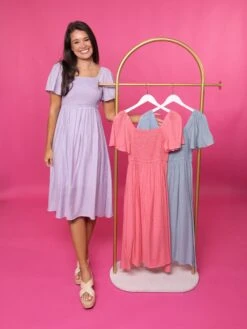 Smocked Square Neck Lined Short Sleeve Dress | S - XL