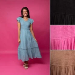 Scoop Neck Flutter Sleeve Smocked Midi Dress | S-L