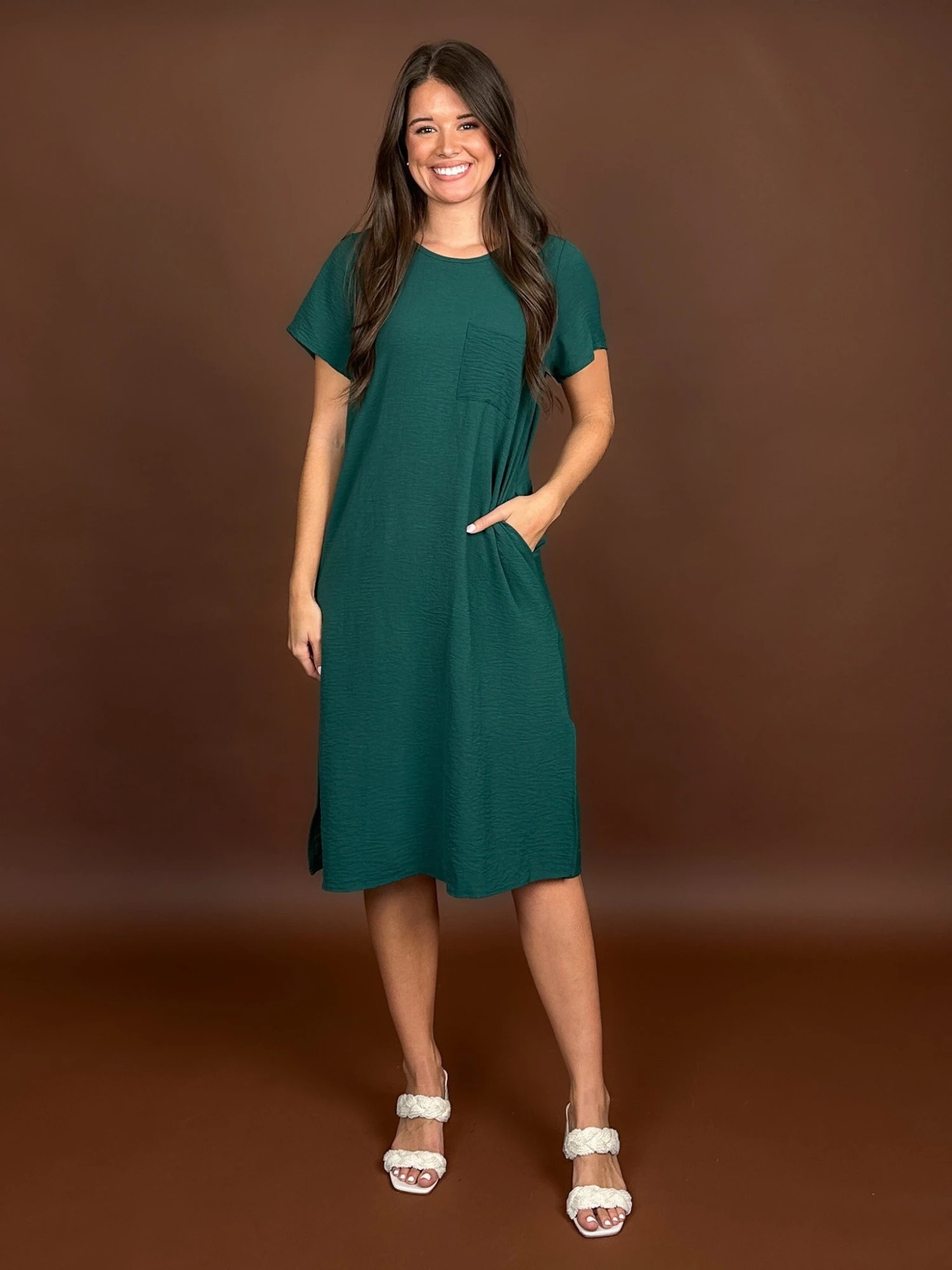 Airflow Short Sleeve Round Neck Midi Dress W/ Chest Pocket | S - 3X 4 Airflow Short Sleeve Round Neck Midi Dress W/ Chest Pocket | S - 3X - Image 2
