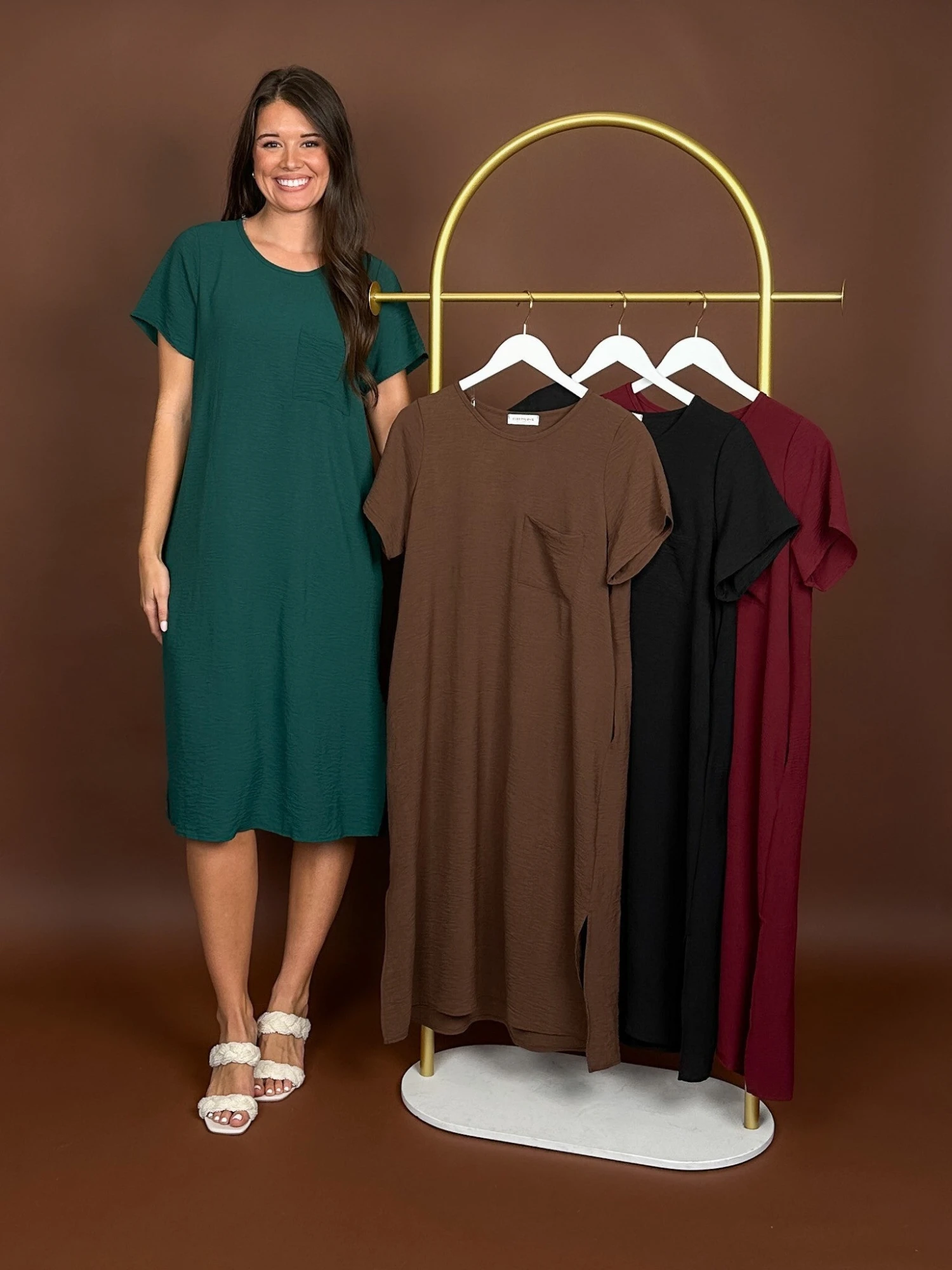 Airflow Short Sleeve Round Neck Midi Dress W/ Chest Pocket | S - 3X 3 Airflow Short Sleeve Round Neck Midi Dress W/ Chest Pocket | S - 3X