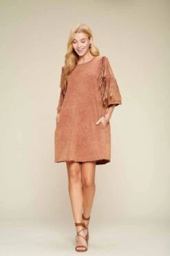 Washed Solid Knit Shift Dress With Tiered Fringe 3/4 Bell Sleeves *Final Sale*