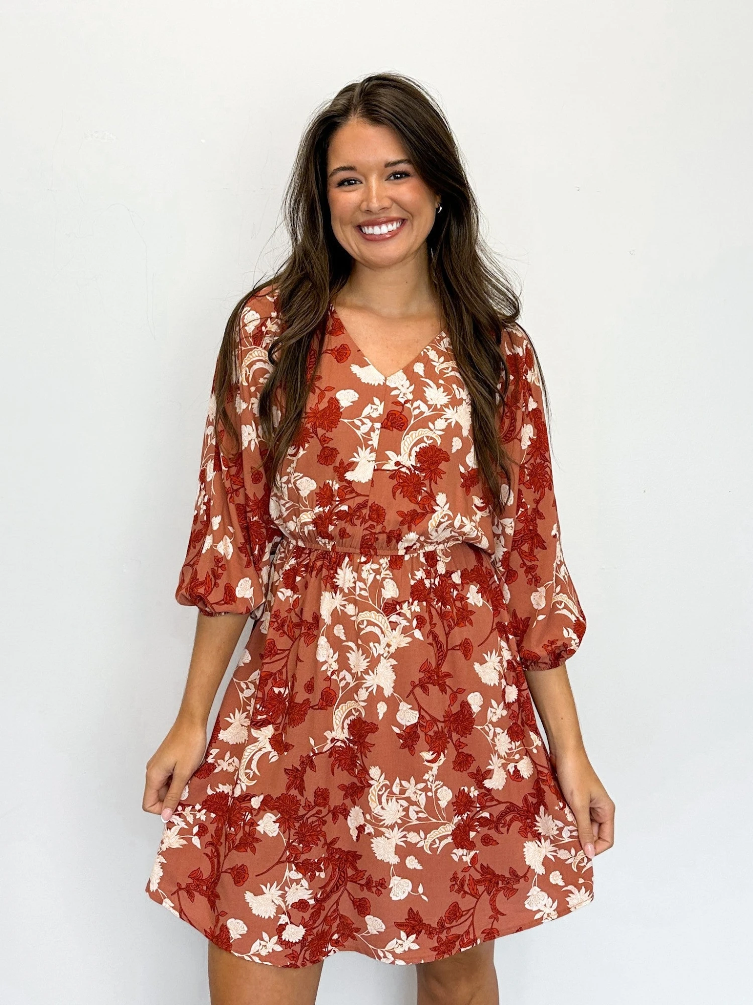 Floral Print 3/4 Sleeve V-Neck Mini Dress | S - L 2 Floral Print 3/4 Sleeve V-Neck Mini Dress | S - L