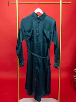 Button Down Long Sleeve Collared Satin Shirt Dress W/ Belt | S-L